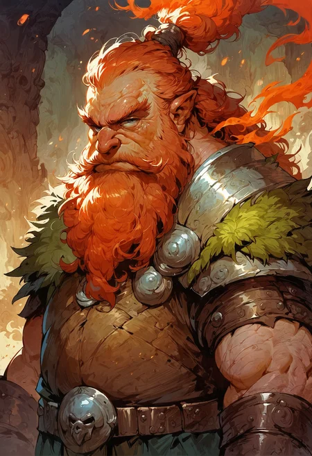 score_9, score_8_up, score_7_up, 1boy, dwarf, long beard, old, armored, serious, solo, in a forge, fire aura, highly detailed, high quality, concept art, realistic, <lora:Fant5yP0ny:0.8>
