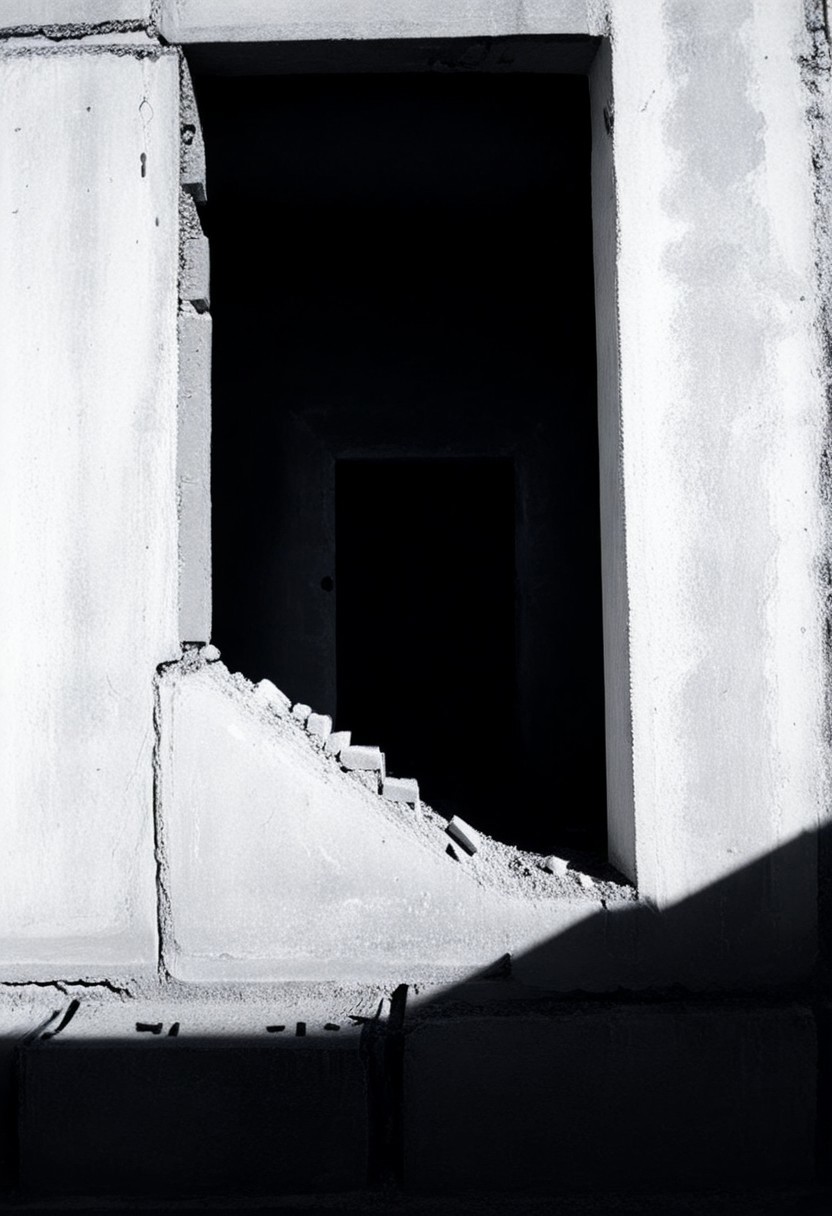 detailxl, 80sc1nemat1c5tyle, creamy bokeh, black and white, colorless, monochrome, BREAK, hole in the wall, darkness, dark, bricks, rubble