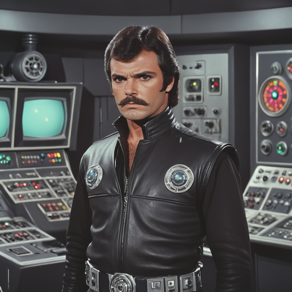 <lora:70sSci-FiMovieSDXL:1> ArsMovieStill, movie still from a 1970s technicolor Sci-Fi movie, The image is a still from a movie or TV show. It shows a man standing in a control room with various electronic devices and controls in the background. The man is wearing a black leather vest with a silver emblem on the left side of his chest. He has a mustache and dark hair and is looking directly at the camera with a serious expression. He appears to be in his late 40s or early 50s. The overall mood of the image is intense and futuristic., 1boy, male focus, facial hair, solo, black hair, mustache, realistic, belt, black eyes, looking at viewer