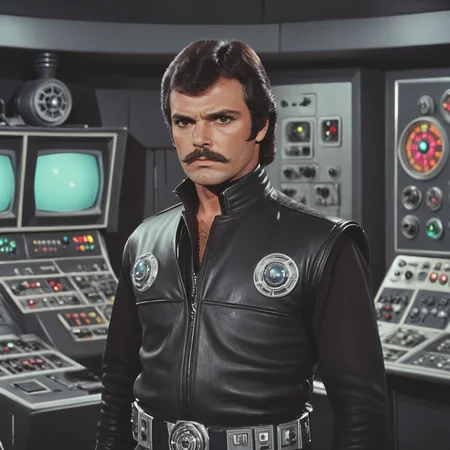 <lora:70sSci-FiMovieSDXL:1> ArsMovieStill, movie still from a 1970s technicolor Sci-Fi movie, The image is a still from a movie or TV show. It shows a man standing in a control room with various electronic devices and controls in the background. The man is wearing a black leather vest with a silver emblem on the left side of his chest. He has a mustache and dark hair and is looking directly at the camera with a serious expression. He appears to be in his late 40s or early 50s. The overall mood of the image is intense and futuristic., 1boy, male focus, facial hair, solo, black hair, mustache, realistic, belt, black eyes, looking at viewer