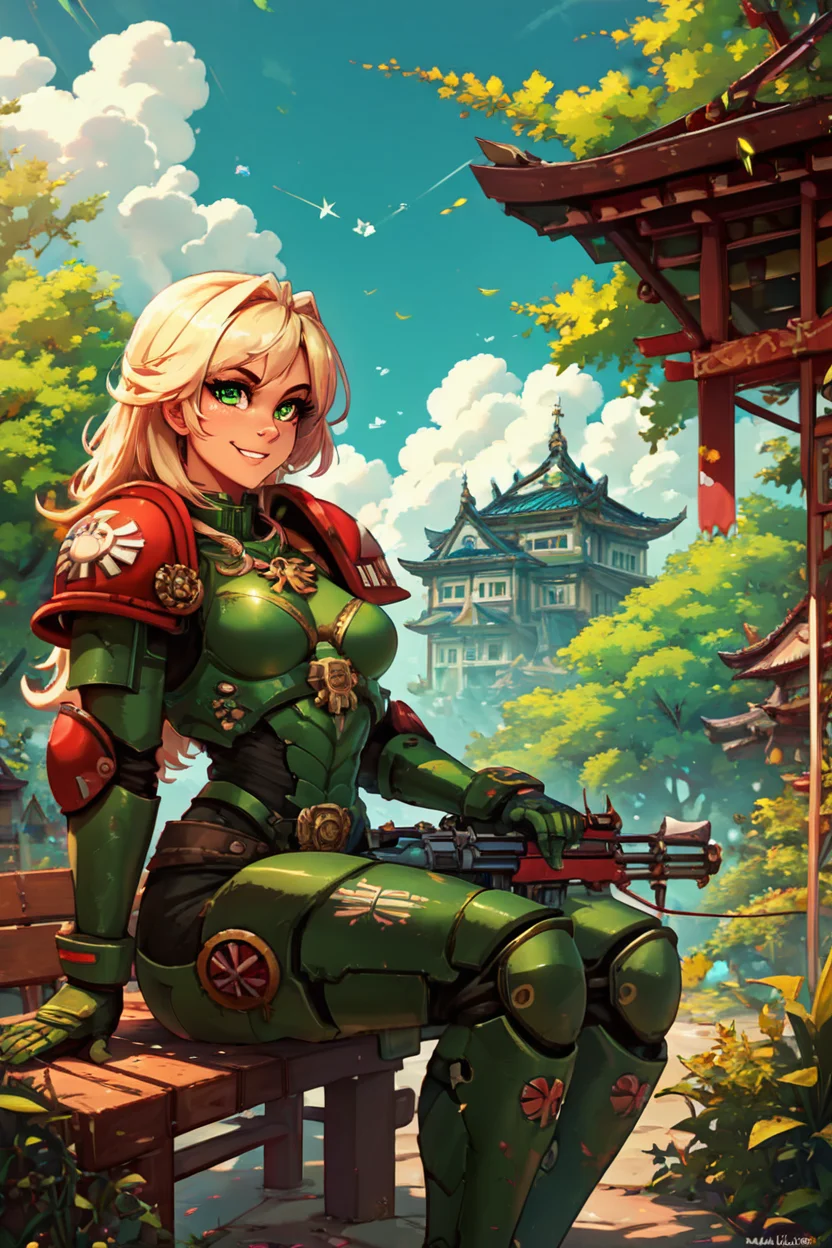 score_9, score_8_up, score_8, medium breasts, (curvy), cute, eyelashes, BREAK, , zzDarkAngel, 1girl, long hair, simple background, white background, green eyes, weapon, gun, pauldrons, shoulder pads, power armor shoulder armor, arrow (symbol), green theme, cowboy shot, <lora:Dark_Angels_Warhammer_40K_PDXL_v2:0.8>, , BREAK, sitting on bench, side view, smile, looking at viewer, cowboy shot, BREAK, pnkBldng, sky, day, cloud, tree, blue sky, building, architecture, east asian architecture, BREAK, embedding:zPDXL, Expressiveh, <lora:PinkBuildingsPDXL_v2:0.6>, <lora:SDXLFaeTastic2400:0.5>, <lora:Expressive_H-000001:0.4>