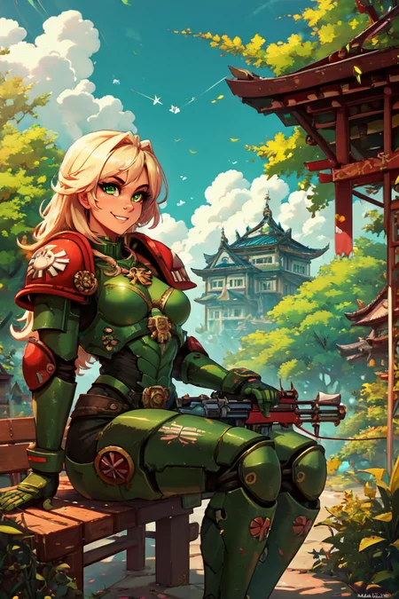 score_9, score_8_up, score_8, medium breasts, (curvy), cute, eyelashes, BREAK, , zzDarkAngel, 1girl, long hair, simple background, white background, green eyes, weapon, gun, pauldrons, shoulder pads, power armor shoulder armor, arrow (symbol), green theme, cowboy shot, <lora:Dark_Angels_Warhammer_40K_PDXL_v2:0.8>, , BREAK, sitting on bench, side view, smile, looking at viewer, cowboy shot, BREAK, pnkBldng, sky, day, cloud, tree, blue sky, building, architecture, east asian architecture, BREAK, embedding:zPDXL, Expressiveh, <lora:PinkBuildingsPDXL_v2:0.6>, <lora:SDXLFaeTastic2400:0.5>, <lora:Expressive_H-000001:0.4>
