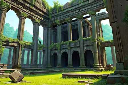 The huge interior ruins of an ancient temple, overrun by encroaching jungle