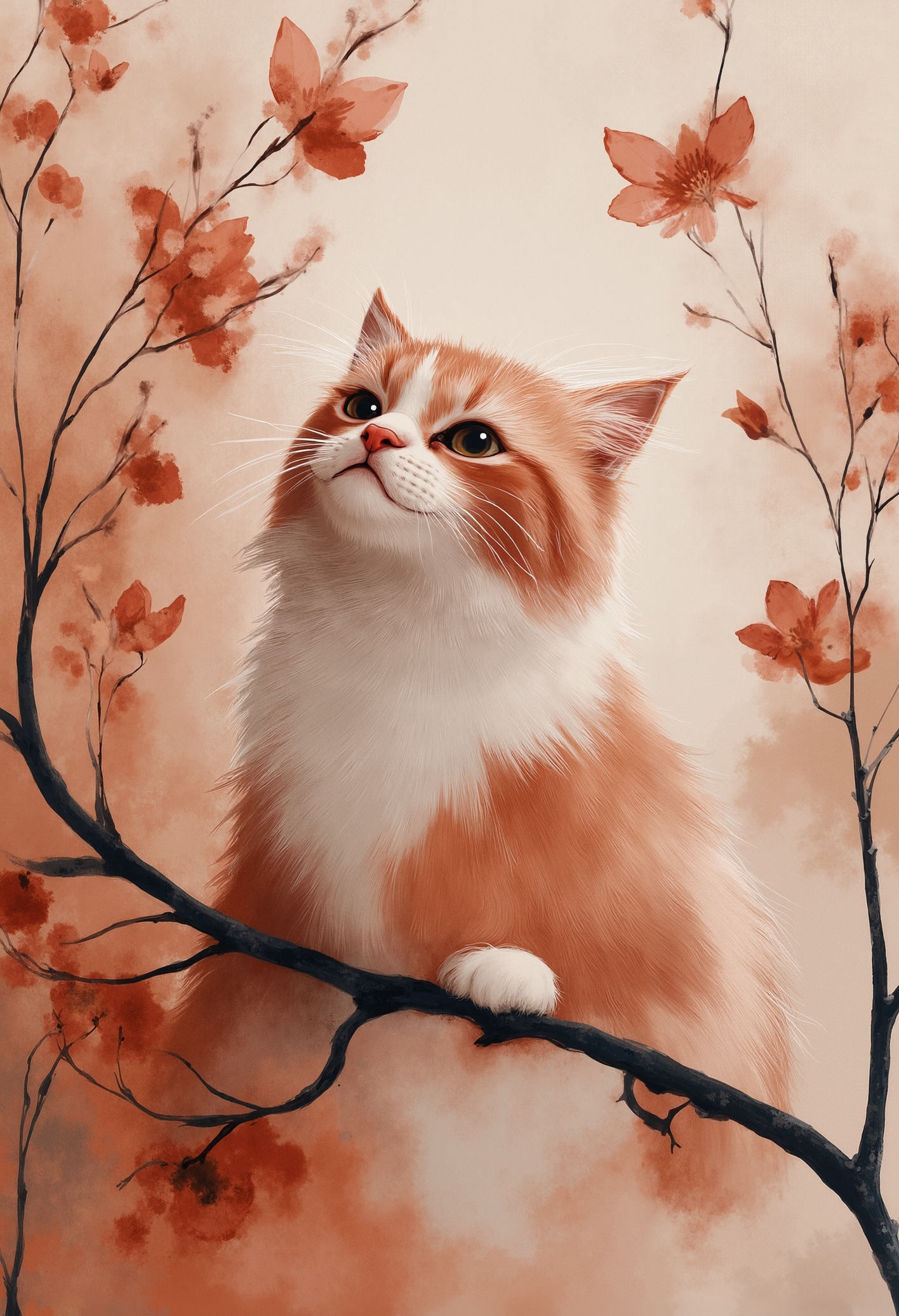 pst007, a beautiful cat sitting on a tree with pink flowers, beautiful evening mood