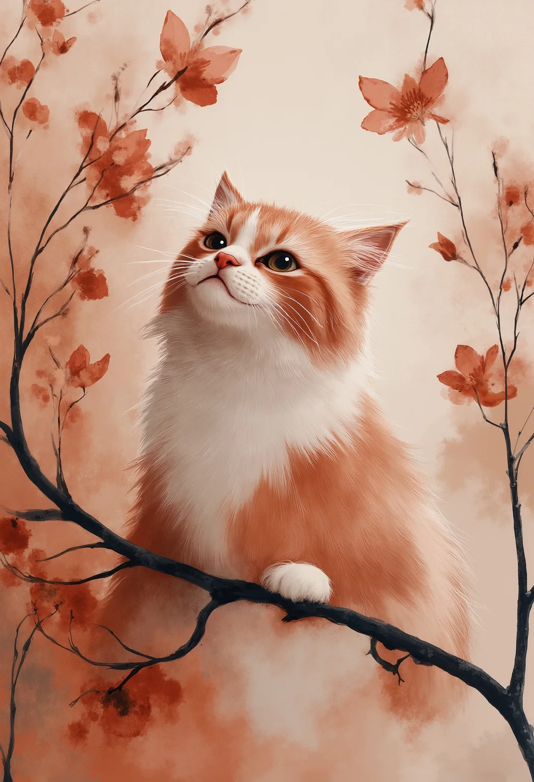 pst007, a beautiful cat sitting on a tree with pink flowers, beautiful evening mood