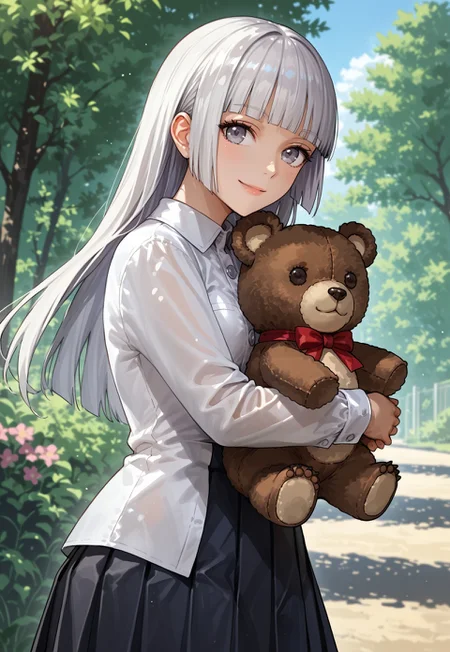 score_9, score_7_up, source_anime, woman, solo, small breasts, white hair, hime cut, gray eyes, white shirt with buttons, long black pleated skirt, looking at viewer, smiling, hugging teddy bear, Wada Arco, outside,