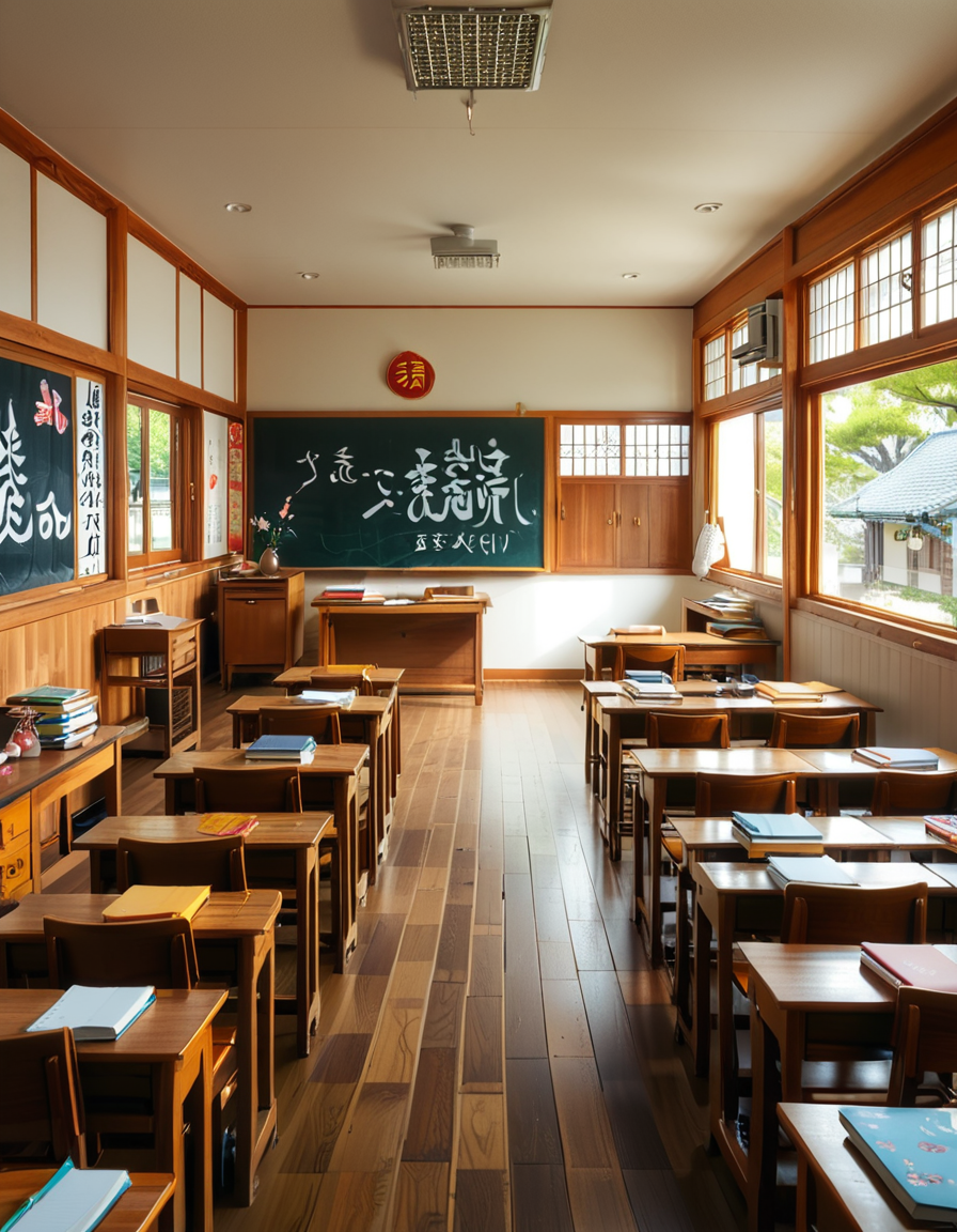 A traditional Japanese classroom during daytime, filled with wooden desks and chairs neatly arranged in rows. Large windows on one side let in natural light, showing a view of cherry blossom trees outside. The room has a chalkboard at the front with neatly written Japanese characters, and a teacher's desk with books and stationery. Educational posters with kanji and hiragana hang on the walls, alongside a clock above the board. The floor is polished wood, reflecting the soft sunlight. The atmosphere is calm and orderly, evoking a nostalgic and warm feeling. The image is highly detailed, realistic, and well-lit, capturing the traditional Japanese school environment.
<lora:SDXLFaeTastic2400:0.4> <lora:extremely_detailed:0.4> extremely detailed, <lora:Japanese_cl4ssr00m:1>,Japanese cl4ssr00m, Masterpiece,best quality,hi res,8k,hi res,8k,award winning,(sharp focus, intricate, highly detailed),
