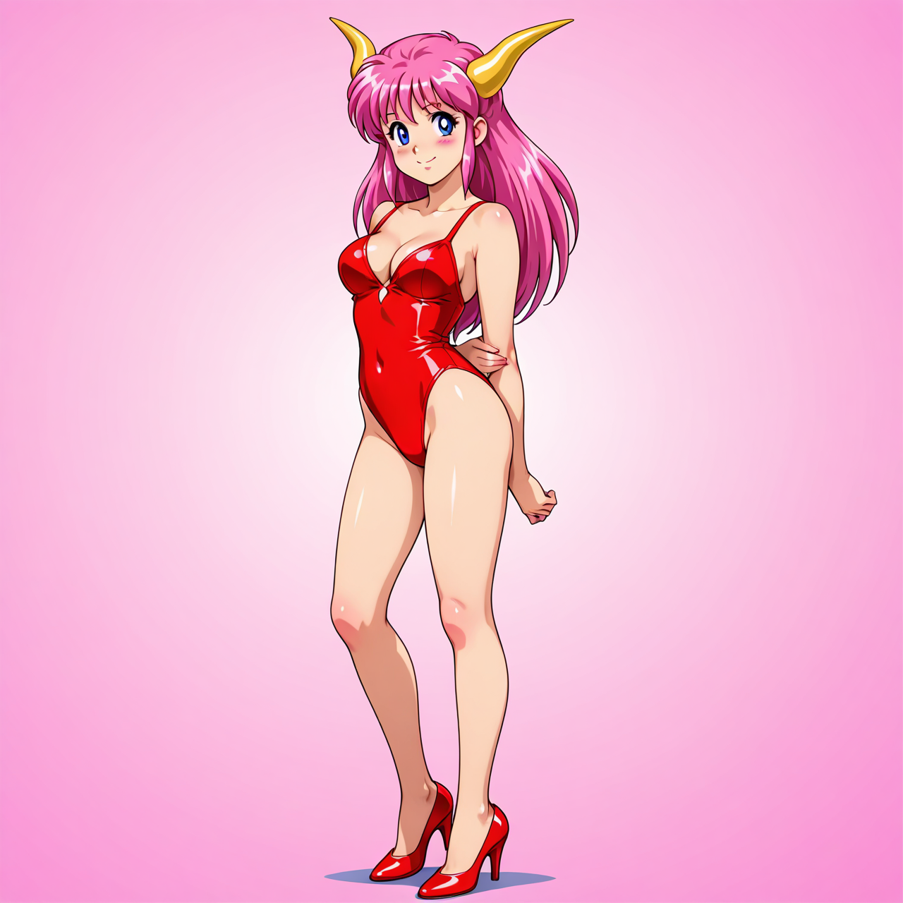 [generated by waiNSFW_v120:100]
<lora:gesen-musume-IL_v1:0.4>gesen-musume, solo, 4K, anime coloring, BREAK
horn head, pink hair,
medium breasts,
red leotard, cleavage,
highheels,
smile,
standing,
blush,
masterpiece, beautiful face, best quality