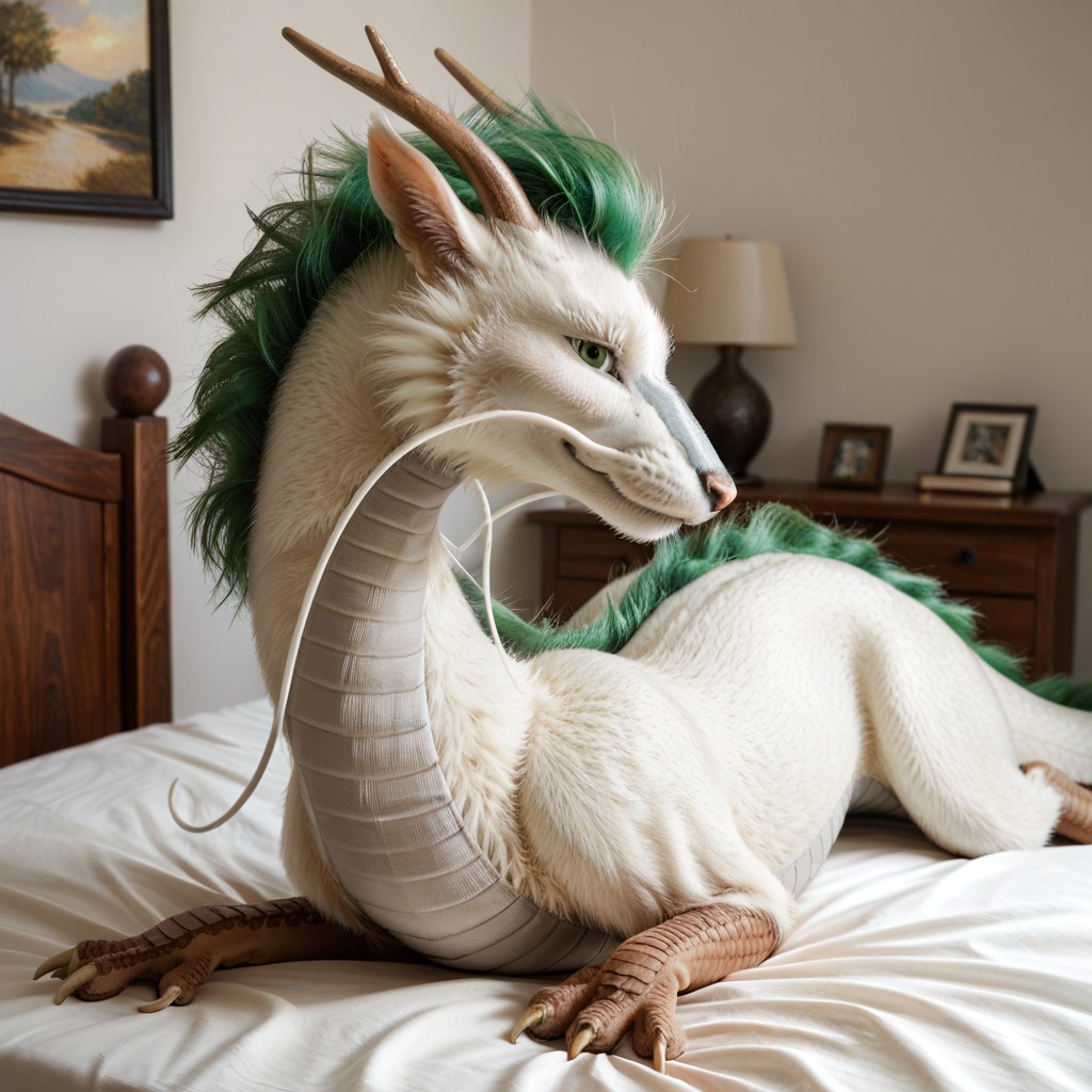 score_9, score_8_up, score_7_up, score_6_up, score_5_up, score_4_up, masterpiece, high quality, realistic, detailed, best quality, white bed, solo, rating_safe, source_furry, bedroom, smiling, seductive, looking at viewer, lying on stomach, full body, detailed eyes, feral, haku_sa, eastern dragon, white fur, green mane, horns, tail, claws, long white whisker, male, 1boy, green eyes