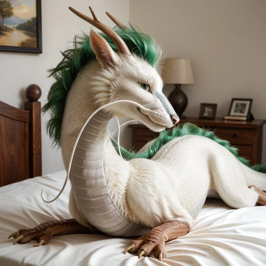 score_9, score_8_up, score_7_up, score_6_up, score_5_up, score_4_up, masterpiece, high quality, realistic, detailed, best quality, white bed, solo, rating_safe, source_furry, bedroom, smiling, seductive, looking at viewer, lying on stomach, full body, detailed eyes, feral, haku_sa, eastern dragon, white fur, green mane, horns, tail, claws, long white whisker, male, 1boy, green eyes
