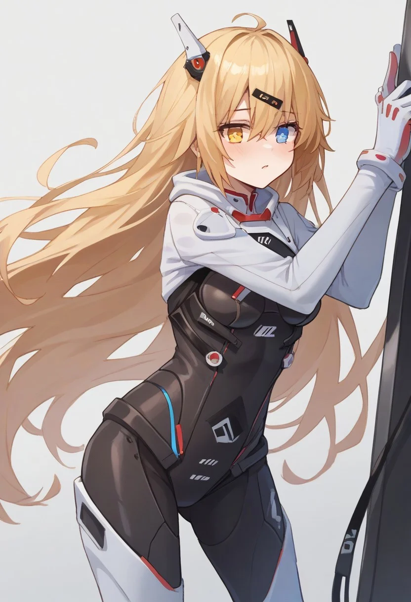 score_9, score_8_up, score_7_up, source_anime, BREAK
standing, blonde hair, heterochromia, blue eyes, yellow eyes, (mg36plugsuit), very long hair, hair ornament bodysuit, black bodysuit