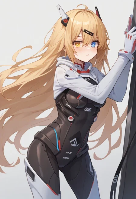 score_9, score_8_up, score_7_up, source_anime, BREAK
standing, blonde hair, heterochromia, blue eyes, yellow eyes, (mg36plugsuit), very long hair, hair ornament bodysuit, black bodysuit