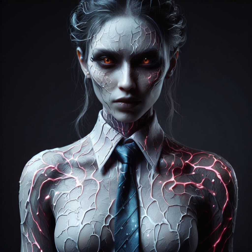 detailed DonMD3m0nXL woman, shirt with tie, cyberpunk, sci-fi, <lora:DonMD3m0nXL-000010:0.8>