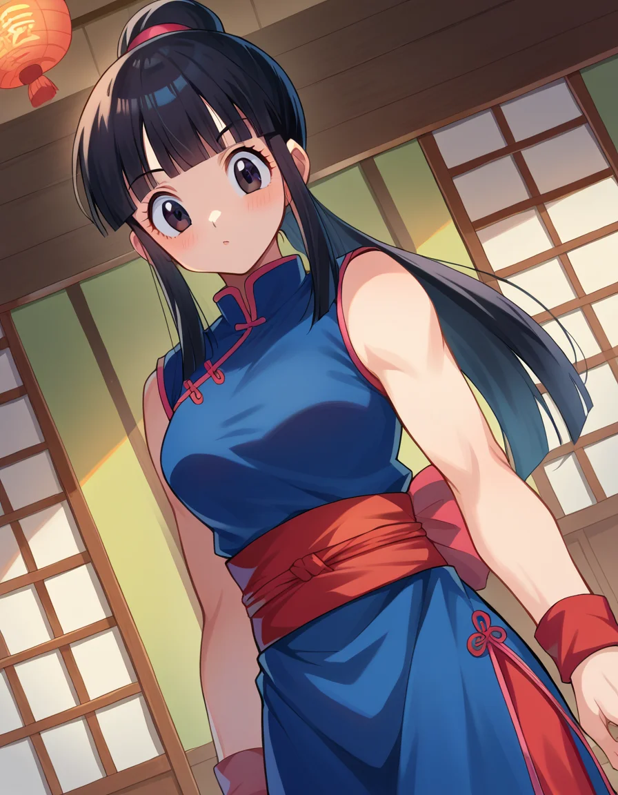 score_9, score_8_up, score_7_up, source_anime,
dragonballchichi, <lora:dragonball-chichi-ponyxl-lora-nochekaiser:1>,
chi chi, black eyes, black hair, long hair, hime cut, blunt bangs, sidelocks,
bare arms, blue dress, china dress, chinese clothes, dress, high collar, obi, pants, ponytail, red pants, red sash, red wristband, sash, side slit, sleeveless, sleeveless dress, wristband,
indoors, dojo,
looking at viewer, dutch angle, cowboy shot,