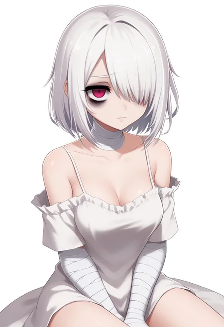 score 8 up, solo,1girl, white hair, hair over one eye, two-tone eyes, pink eyes, red eyes, white clothing, spaghetti_strap, oversized blouse, medium breasts, bags under eyes, mascara, bandaged_neck, bare legs, fewarriorsportraits, portrait, white background