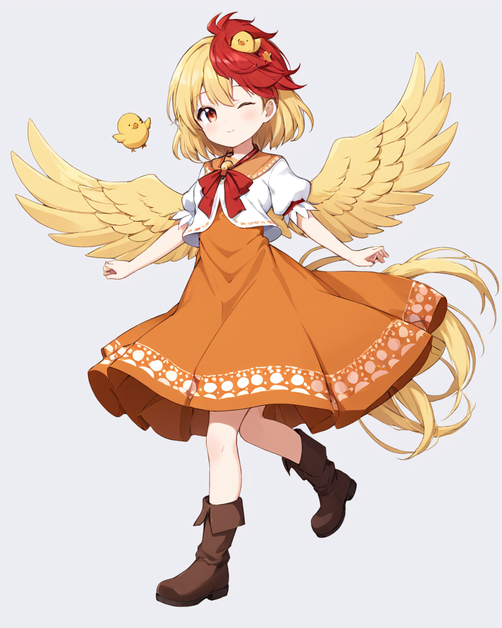 niwatari kutaka,1girl, chick, one_eye_closed, solo, bird_wings, white_background, orange_dress, simple_background, short_sleeves, bird_tail, yellow_wings, looking_at_viewer, skirt_hold, boots, tail_feathers, white_shirt, feathered_wings, brown_footwear, brown_dress, bird_on_head, whistle_around_neck
<lora:niwatari_kutaka_image1327_2023-12-20-000010:1>,star-shaped_pupils,symbol-shaped_pupils,. gorgeous,key visual, vibrant, studio anime,award-winning, professional, highly detailed,high budget, cinemascope
