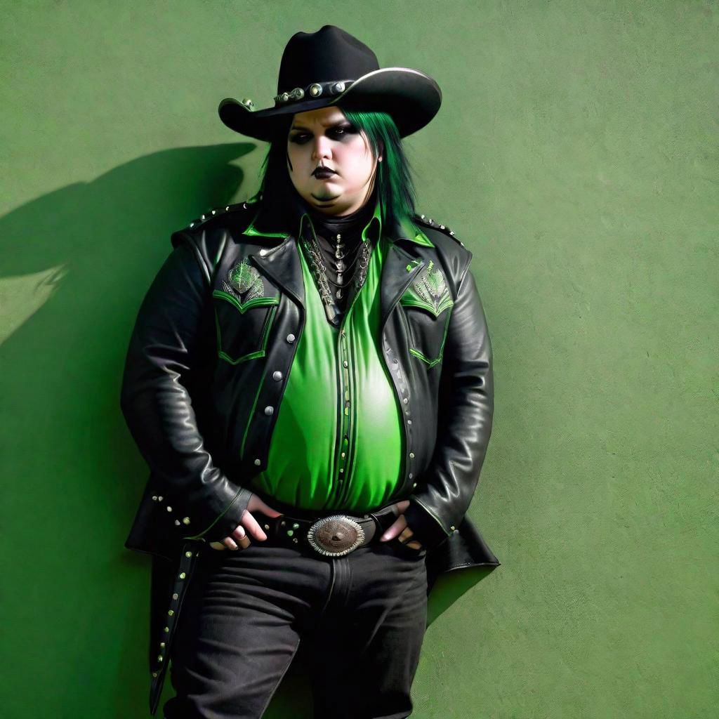 a chubby goth, highly detailed, semirealistic, cowboy shot, leaning against the wall, black and green