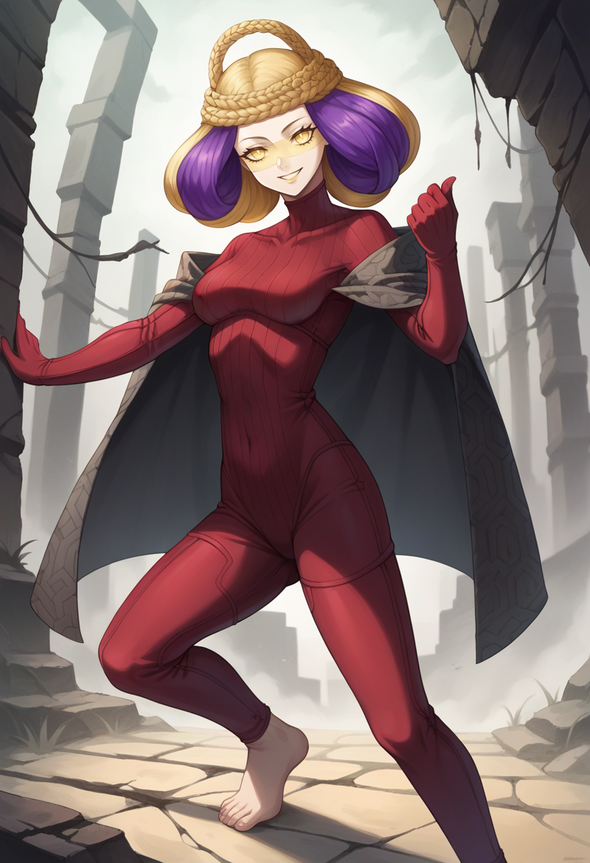 score_9, score_8_up, score_7_up, source_anime BREAK 1girl, solo,
<lora:zs_LachesisXL:1> lachesissmt, purple hair, blonde hair, multicolored hair, braid, yellow eyes, red bodysuit, barefoot
cowboy shot, catacombs, ruins, dark, night, looking at viewer, smile,