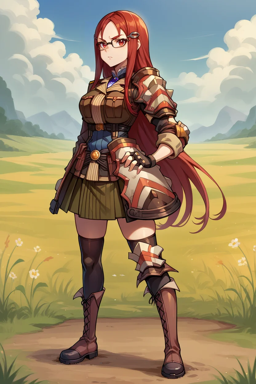 score_9, score_8_up, score_7_up, score_6_up, source_anime, BREAK 1girl, solo, <lora:vc4minerva-pdxl-nvwls-v1-000006:1> vc4minerva, red hair, red eyes, hairclip, glasses, jacket, uniform, shoulder pads, armor, fingerless gloves, green miniskirt, black thighhighs, knee pads, looking at you, hand on hip, blue sky, field, brown boots