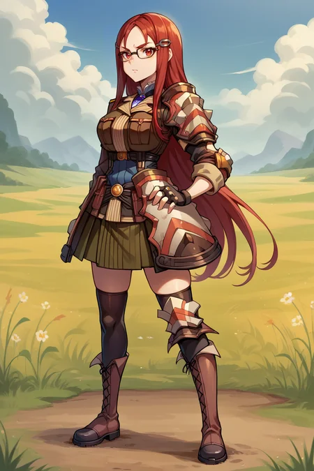 score_9, score_8_up, score_7_up, score_6_up, source_anime, BREAK 1girl, solo, <lora:vc4minerva-pdxl-nvwls-v1-000006:1> vc4minerva, red hair, red eyes, hairclip, glasses, jacket, uniform, shoulder pads, armor, fingerless gloves, green miniskirt, black thighhighs, knee pads, looking at you, hand on hip, blue sky, field, brown boots
