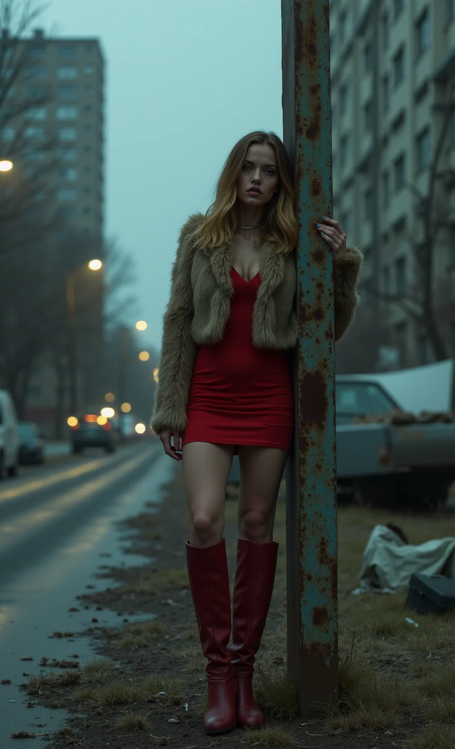 A photorealistic image of a busty 23 year old woman leaning against a rusty bus stop sign in an abandoned Russian suburb.,
She is dressed in a short,tight red dress with thigh-high boots and a fur coat that barely covers her shoulders.,
The bus stop is surrounded by broken-down vehicles and piles of litter. The distant high-rise buildings are crumbling,with broken windows and graffiti marking the walls.,
Her expression is blank,and the dim,cold streetlight casts eerie shadows across her face,emphasising the emptiness of the desolate surroundings.,<lora:Kodak Motion Picture Film style v1:1>,