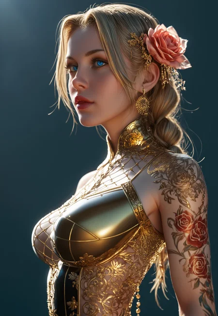 safe_pos, Caucasian, perfect body, safe_pos, Full sexy female, ornaments, flowers, golden jewelry, golden tattoos, fractal patterns, fully clothed, 8k UHD. A stunning blonde woman with blue eyes, wearing a form-fitting bodysuit with floral and fractal designs in blue, red, and gold. Intricate golden jewelry and tattoos. Background features golden roses and floral patterns, soft warm lighting, (((upper body)))
((standing, upper body shot, pose variation:1.5, alternate pose:1.5))
 (8k uhd:1,4)
 <lora:Dynamic Poses:1>
 <lora:detailed_notrigger:1>