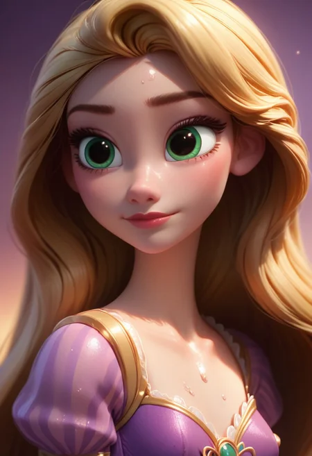 masterpiece,best quality, highly detailed, perfect skin, detailed skin, oiled skin, skindentations, 4k image, high resolution, score_9, score_8_up, score_7_up, symmetrical face, beautiful eyes, 4k, solo, godrays, 1girl, (high detail, Smooth, sharp lines, detailed, masterpiece, RapunzelWaifu, purple dress, puffy sleeves, very long hair, blonde, green eyes, solo, seductive woman, eyeshadow, shining skin, perfect quality, high quality, ambient occlusion, raytracing, source_anime, shining glossy skin, soft lighting, soft skin, soft skin, realistic skin, blum effect, masterpiece, absolutely eye-catching, (((close shot of tits:1.5, tits focused:1.4))), perky nipples, perfect round breast, sweaty, sweat drops,