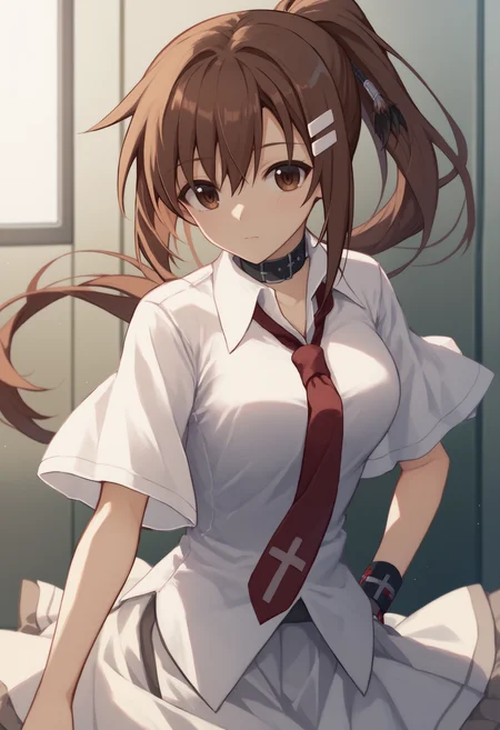 score_9, score_7_up, minakami yuki, brown hair, ponytail, brown eyes, hair ornament, hairclip, choker, white shirt, short sleeves, red necktie , wristband, white skirt <lora:Minakami Yuki 4:1>