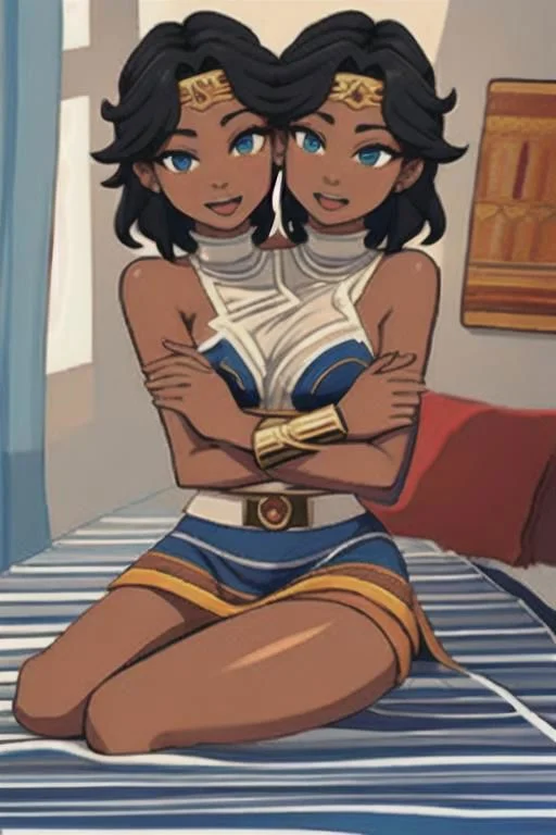 masterpiece, best quality, shorthair, black, darkskinnedfemale, <lora:conjoined_dicephalus:1>, (conjoined_twins, hugging, two heads:1.5), 1girl, masterpiece, best quality, peplos, greek clothes, blue eyes, dark skin, bare shoulders, earrings, flat chest, jewelry, solo, smile, bedroom <lora:WonderWoman:1.5> Sitting on bed, Hands on Lap