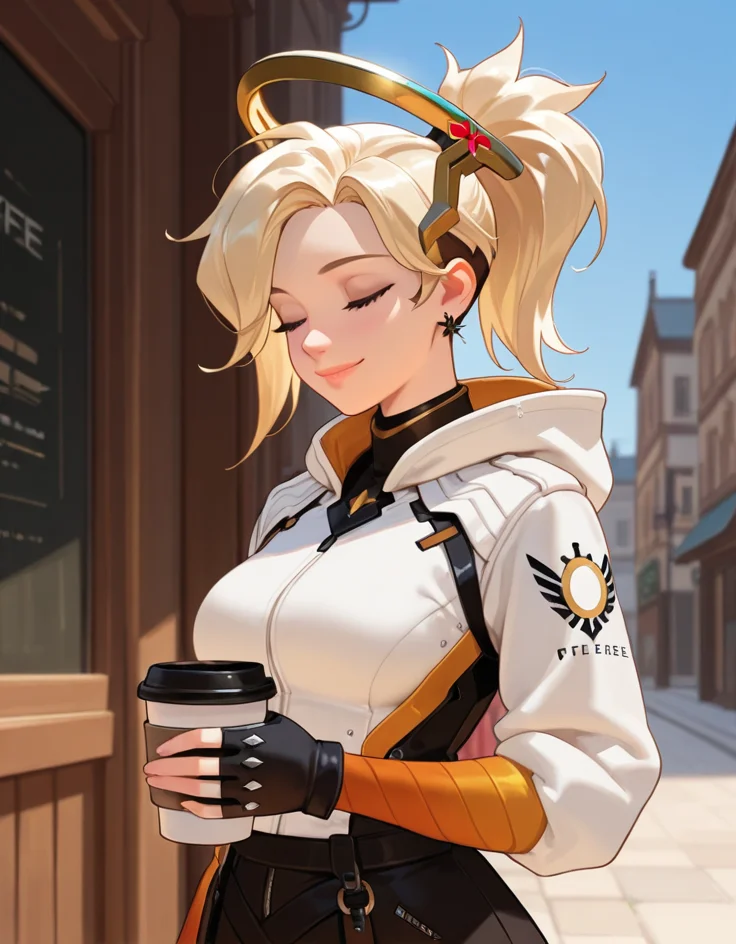 masterpiece, best quality, amazing quality, very aesthetic, absurdres,  newest, detailed background, cowboy shot, 4k, 8k, outdoors,
mercyxd, 1girl, solo, coffee cup, mechanical halo, closed eyes, cup, disposable cup, halo, blonde hair, gloves, holding cup, jewelry, holding, earrings, upper body, fingerless gloves, smile, ponytail, hood, high ponytail, nose, black gloves, coffee, lips,
 <lora:Mercy_-_Overwatch_Illustrious:1>