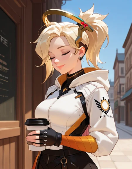 masterpiece, best quality, amazing quality, very aesthetic, absurdres, newest, detailed background, cowboy shot, 4k, 8k, outdoors,
mercyxd, 1girl, solo, coffee cup, mechanical halo, closed eyes, cup, disposable cup, halo, blonde hair, gloves, holding cup, jewelry, holding, earrings, upper body, fingerless gloves, smile, ponytail, hood, high ponytail, nose, black gloves, coffee, lips,
<lora:Mercy_-_Overwatch_Illustrious:1>