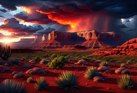Navajo tribal land by sunrise, sacred navajo site, a storm brewing in the immense sky over the red rock, mesa, yuccas, small lizard, red rock and peebles, dryied plants, drought, hyper realistic, dreamland, etheral land, photorealism, 4k, photorealistic, deep tones, blazing sunset, threatening clouds