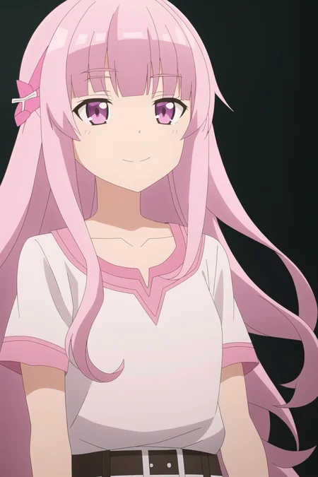 yui, anime art style, 1girl, solo, long_hair, looking_at_viewer, smile, bangs, shirt, hair_ornament, purple_eyes, collarbone, upper_body, pink_hair, white_hair, short_sleeves, multicolored_hair, cup, streaked_hair, teacup