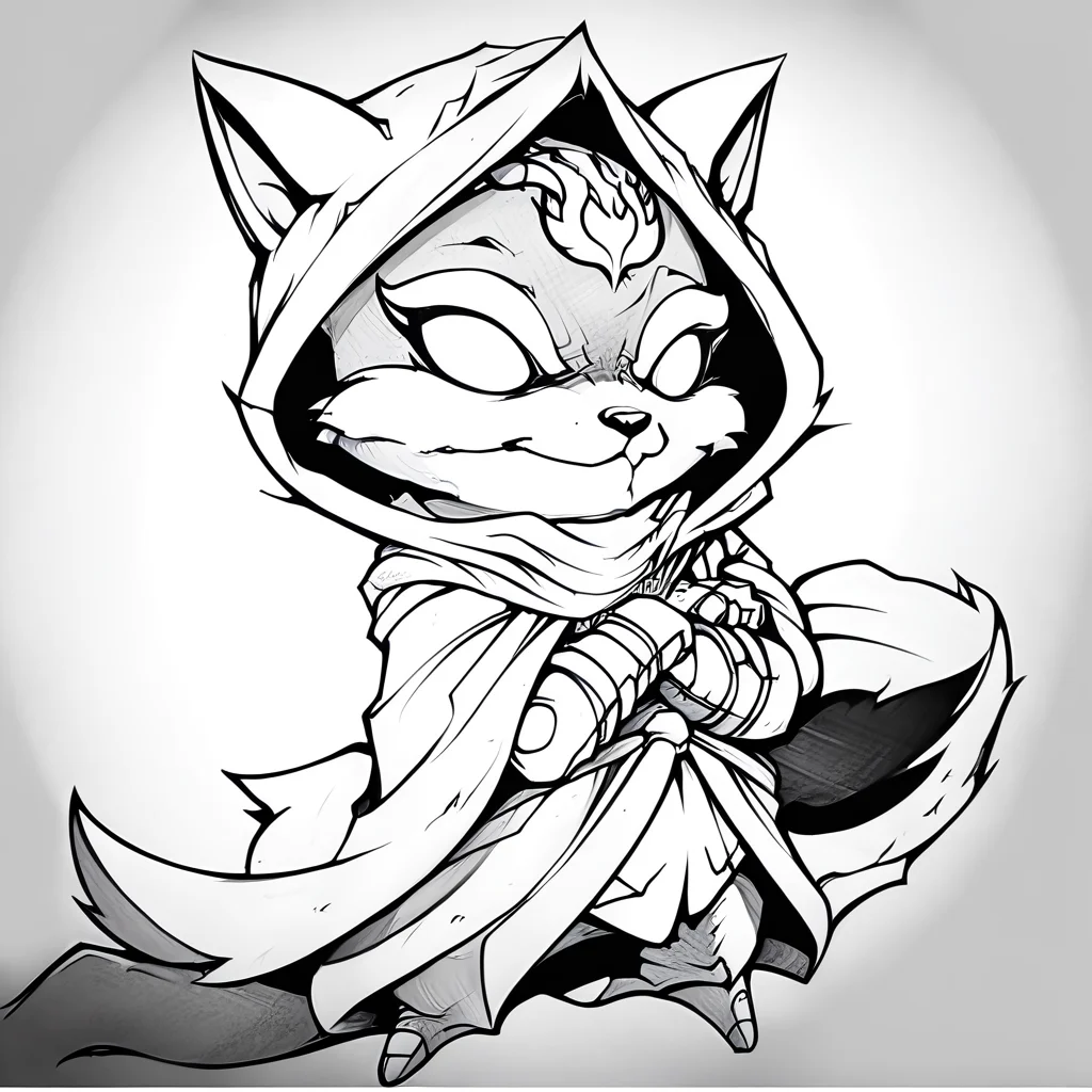 blonde hair, crack, sly expression, fox from league of legends chibi, tiger, red scarf, cloak with hood, concept art, gloves, colored sclera, teeth, orange fur, barefoot, blue sky, abs