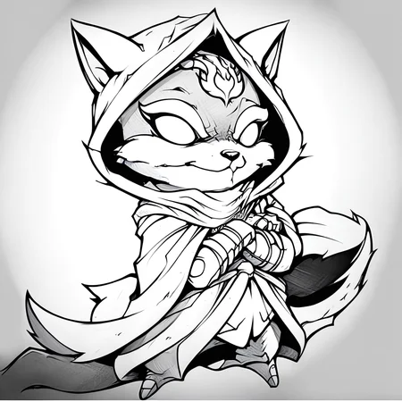 blonde hair, crack, sly expression, fox from league of legends chibi, tiger, red scarf, cloak with hood, concept art, gloves, colored sclera, teeth, orange fur, barefoot, blue sky, abs