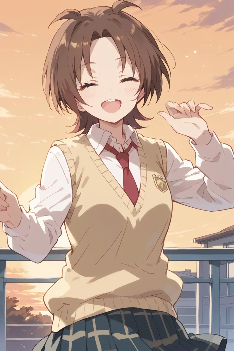 score_9, score_8_up, score_7_up, score_6_up,
<lora:Yuzu_Iizuka:1> yuzu, 1girl, solo, school uniform, brown hair, closed eyes, skirt, necktie, open mouth, smile, short hair, sweater vest, sunset, shirt