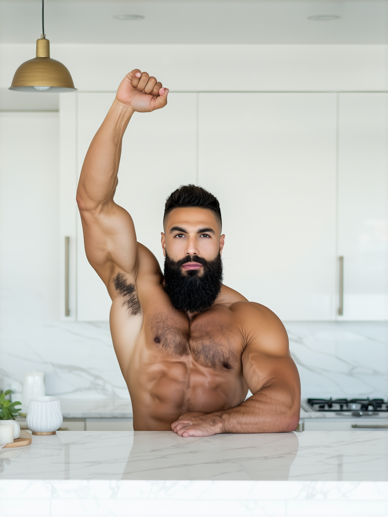 XLAdamBear,a muscular man stands in front of a white countertop, his arms raised in the air. He is striking a pose, with his right arm raised above the countertop. His left arm is raised, while his right hand rests on the counter top. His right arm is bent at the elbow, and his left hand is resting on the edge of the counter. The man's upper body is adorned with a thick beard, adding a touch of greenery to his chest. The backdrop is a stark white wall, with a white door in the background. To the left of the man, a white stool can be seen.
