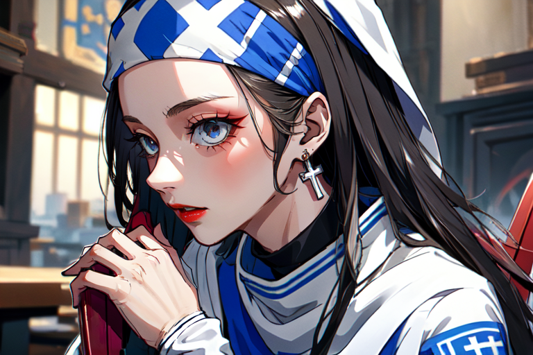 highly insanely detailed, masterpiece, top quality, best quality, highres, 4k, 8k, RAW photo, (very aesthetic, beautiful and aesthetic),  
beth_\(megami_tensei\),bethsmtii,shin megami tensei ii,long hair,black hair,straight hair,sleek black,jewelry,cross,headband,red_lipstick,bandana_with_messian_symbol,Religious_bandana,symbol_headband,messian_church_bandana,white cape,cape_with_messian_symbol,Religious_cape,messian_symbol_cape,holy_knight_cape,messian_cross_earrings,cross_earrings,religious_earrings,messian_symbol_jewelry,katana,sword,Tokyo_Millennium,post-apocalyptic_city,dystopian_world,Holytown,Religious_center,church_district,Valhalla,gladiator_tournaments,Great_Cataclysm,World_ending_event,apocalyptic_disaster,city_rebirt, 
<lora:zs_Beth:0.8>, 
(1girl:1.3), 1other, 
obsidian background,âââ