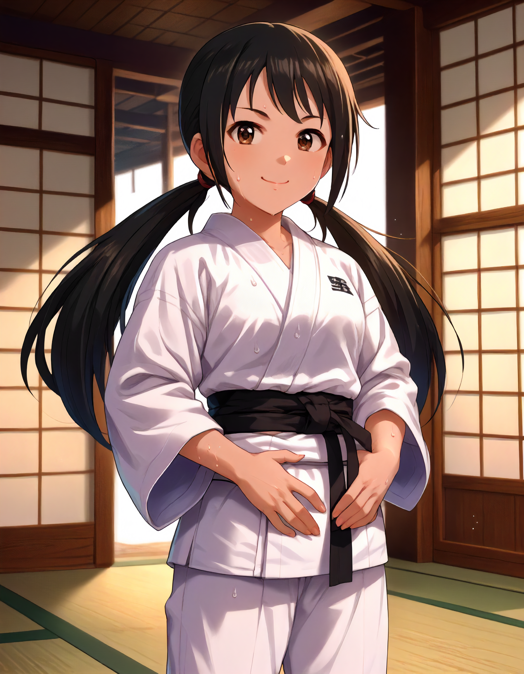 score_9,score_8_up,score_7_up,1girl,solo,standing,looking at viewer,smile,closed mouth,sweat,steam,hands on own stomach,dojo,
<lora:nakanoyuka_ponyXLV6:0.8>,cgnyk,
black hair,low twintails,brown eyes,
white karate outfit,black sash