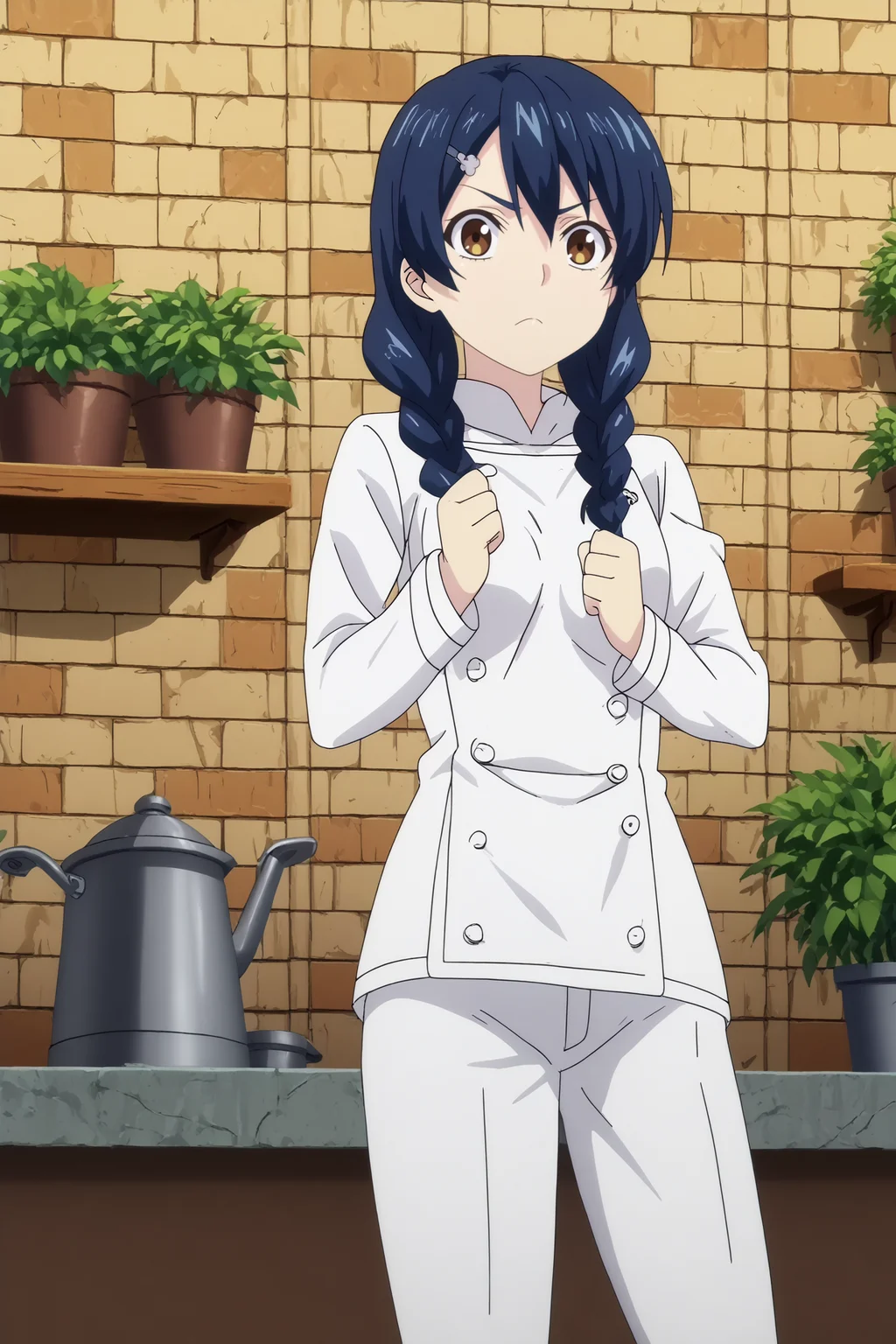 megumi tadokoro,1girl,solo,looking_at_viewer,twin braids,braid,yellow eyes,hair ornament,hair clip,chef,white shirt,white pants,breasts,standing BREAK indoors,Cozy,white walls,small sink, marble countertop, herb pots, warm light, vintage stove behind,window with a garden, kitchen,orange brick wall,restaurant kitchen fighting stance, <lora:Megumi_Tadokoro_-_Food_Wars.safetensors:0.8> <lora:detailed_backgrounds_v2.safetensors:0.8>
