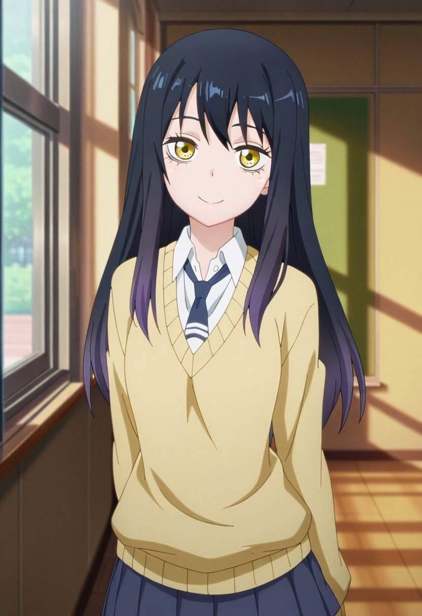 masterpiece, best quality, , anime screencap, anime coloring, official style,1girl, solo,
Miko Yotsuya, yellow eyes, long hair, black hair, bangs,
sweater, school uniform, pleated skirt, blue skirt,
,looking at viewer, smile,