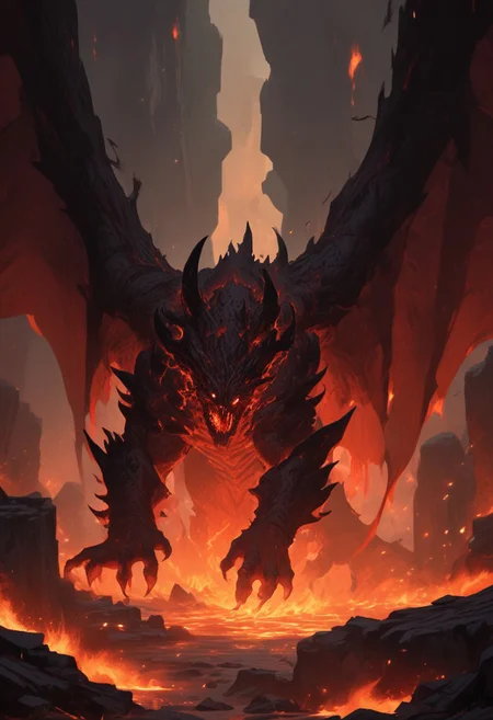 "Inside a vast, dark volcanic cave, the walls glow with the fiery red-orange light of molten lava flowing through cracks in the stone. In the center of the cave stands Shadow Fiend, Nevermore, a towering, menacing figure cloaked in darkness and shadowy flames. His glowing red eyes pierce through the gloom as he stands tall, his sharp claws outstretched, radiating an aura of dread and power. The ground beneath him is scorched, with small embers rising around his feet. He looks down the cave tunnel with a mix of impatience and malevolence, waiting for a worthy challenger to step into his domain. The scene is filled with an intense, oppressive atmosphere, with smoke and heat swirling in the air, making the cave feel like the very heart of a volcano."