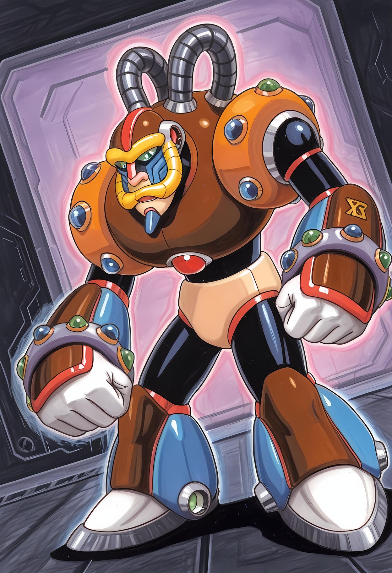 masterpiece, best quality, amazing quality, dutch angle, abstract background, BREAK
1boy, solo, male focus, mmx_sparkmandrill, android, green eyes, mecha, BREAK
<lora:cfg_scale_boost:.6>  <lora:Spark_Mandrill_-_Mega_Man_X_-_ILXL:1>