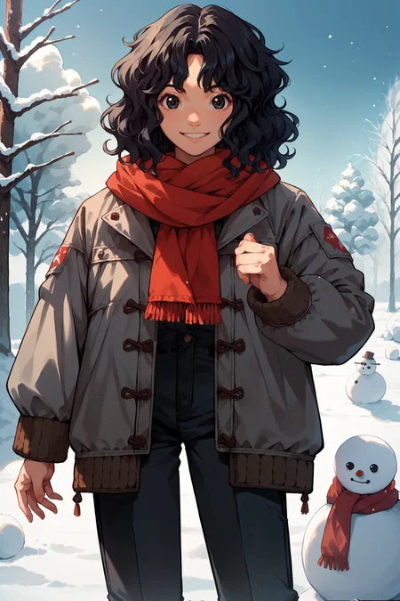 score_9, score_8_up, score_7_up, score_6_up, source_anime, 1girl, solo, <lora:tanamachikaoru-pdxl-nvwls-v1-000006:1> amagamiTK, black hair, wavy hair, medium hair, black eyes, grey jacket, puffy jacket, red scarf, black pants, puffy pants, snow, winter, snowman, looking at you, happy