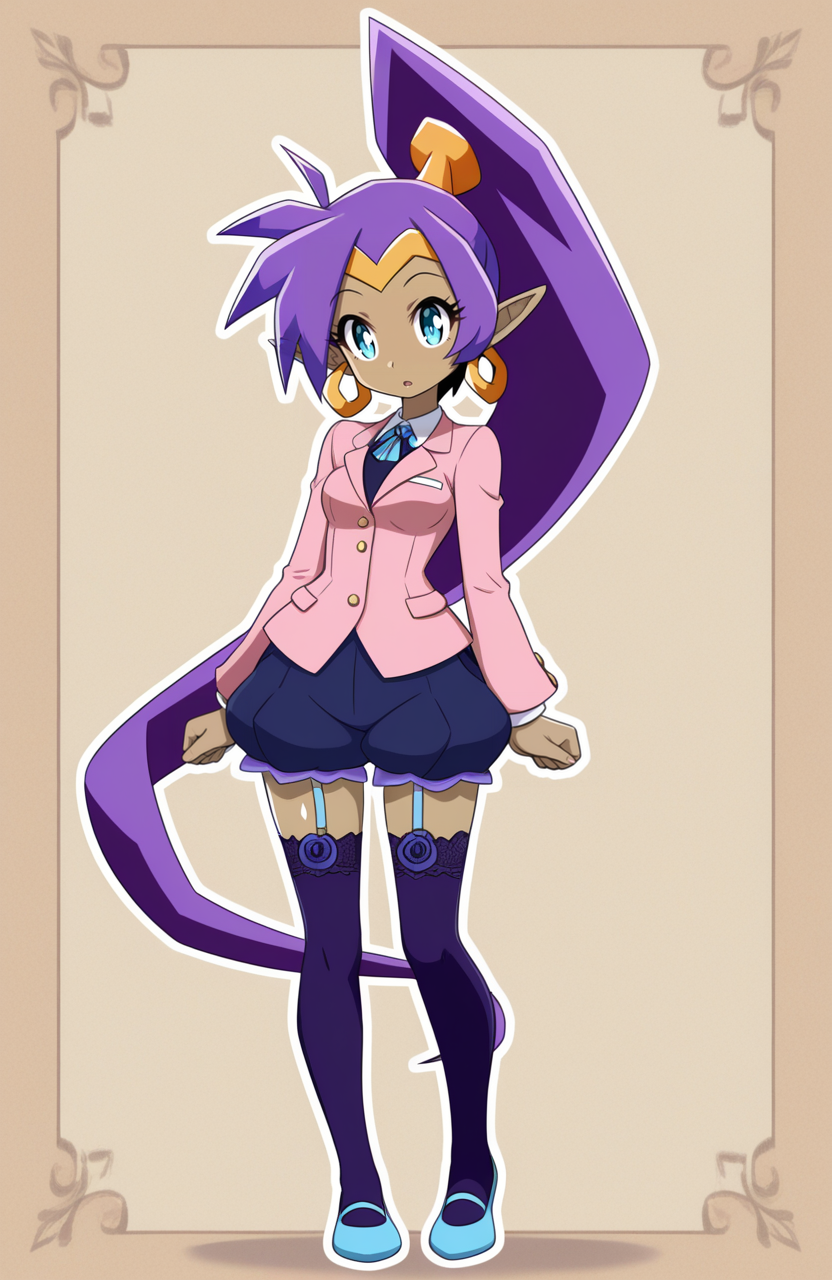 1girl, solo, 
shantae, purple hair, very long hair, ponytail, pointy ears, dark-skinned female, pink blazer, blue puffy shorts, purple lace-trimmed thighhighs, blue flats,
standing, slumped shoulders, droopy eyes, quiet drowsiness, relaxed vibe,  <lora:SevenSirens:1> svnsrn, extremely detailed, highres, masterpiece, best quality
