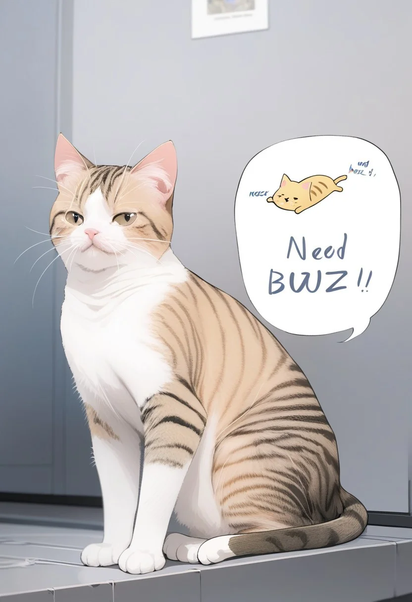Masterpiece, cat, crying, solo , text "need buzz"
