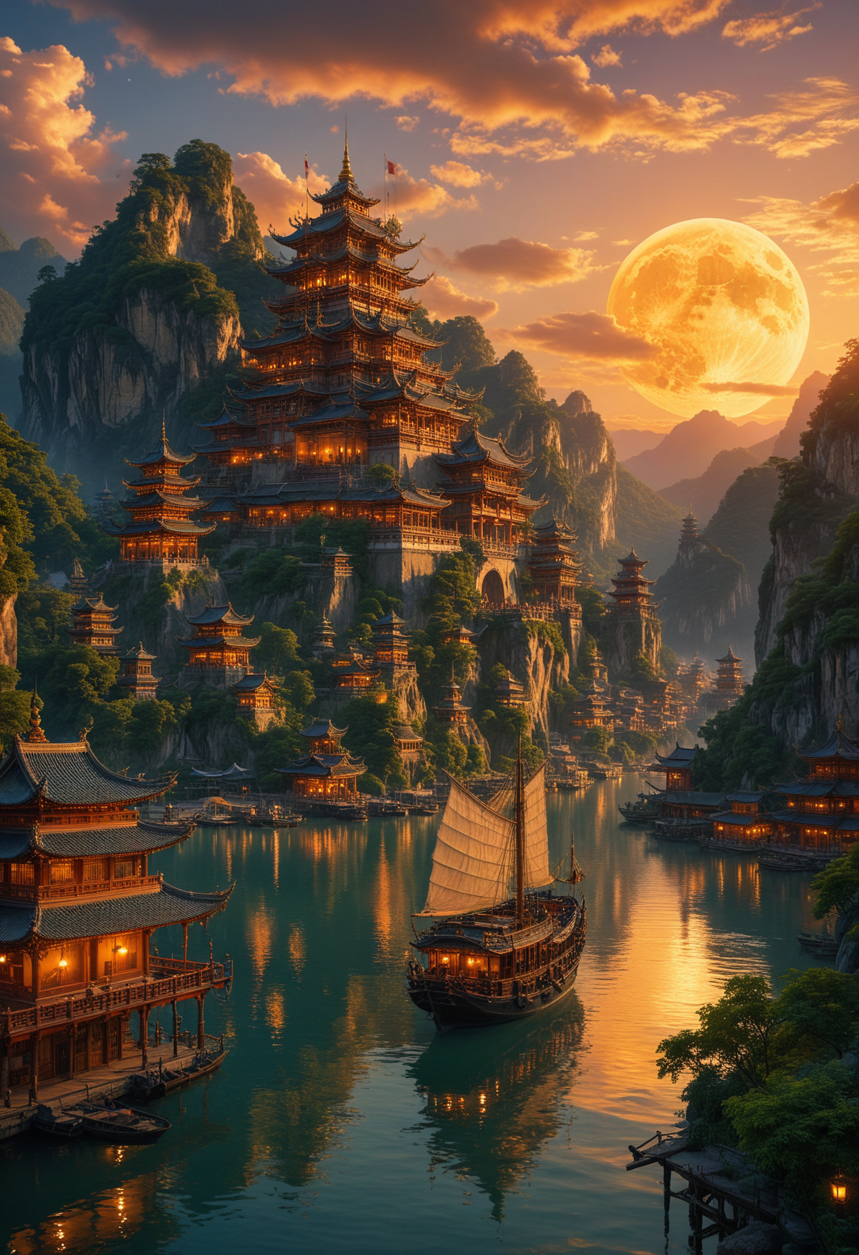 vibrant and cinematic scene, an ancient majestic city nestled in lush mountains, illuminated by the soft glow of sunset, The city with its intricate pagoda-style architecture, towers over a serene river, A large ornate ship with billowing sails is anchored near the city's edge and casting reflections on the water, above a massive moon dominates the sky, sense of wonder, The environment is magical and otherworldly atmosphere, fantasy and adventure, <lora:MJ52:0.3>, <lora:add-detail-xl:1>, <lora:SDXLFaeTastic2400:0.3>