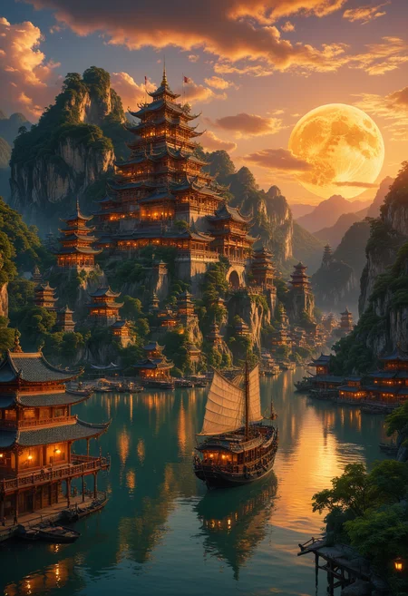 vibrant and cinematic scene, an ancient majestic city nestled in lush mountains, illuminated by the soft glow of sunset, The city with its intricate pagoda-style architecture, towers over a serene river, A large ornate ship with billowing sails is anchored near the city's edge and casting reflections on the water, above a massive moon dominates the sky, sense of wonder, The environment is magical and otherworldly atmosphere, fantasy and adventure, <lora:MJ52:0.3>, <lora:add-detail-xl:1>, <lora:SDXLFaeTastic2400:0.3>