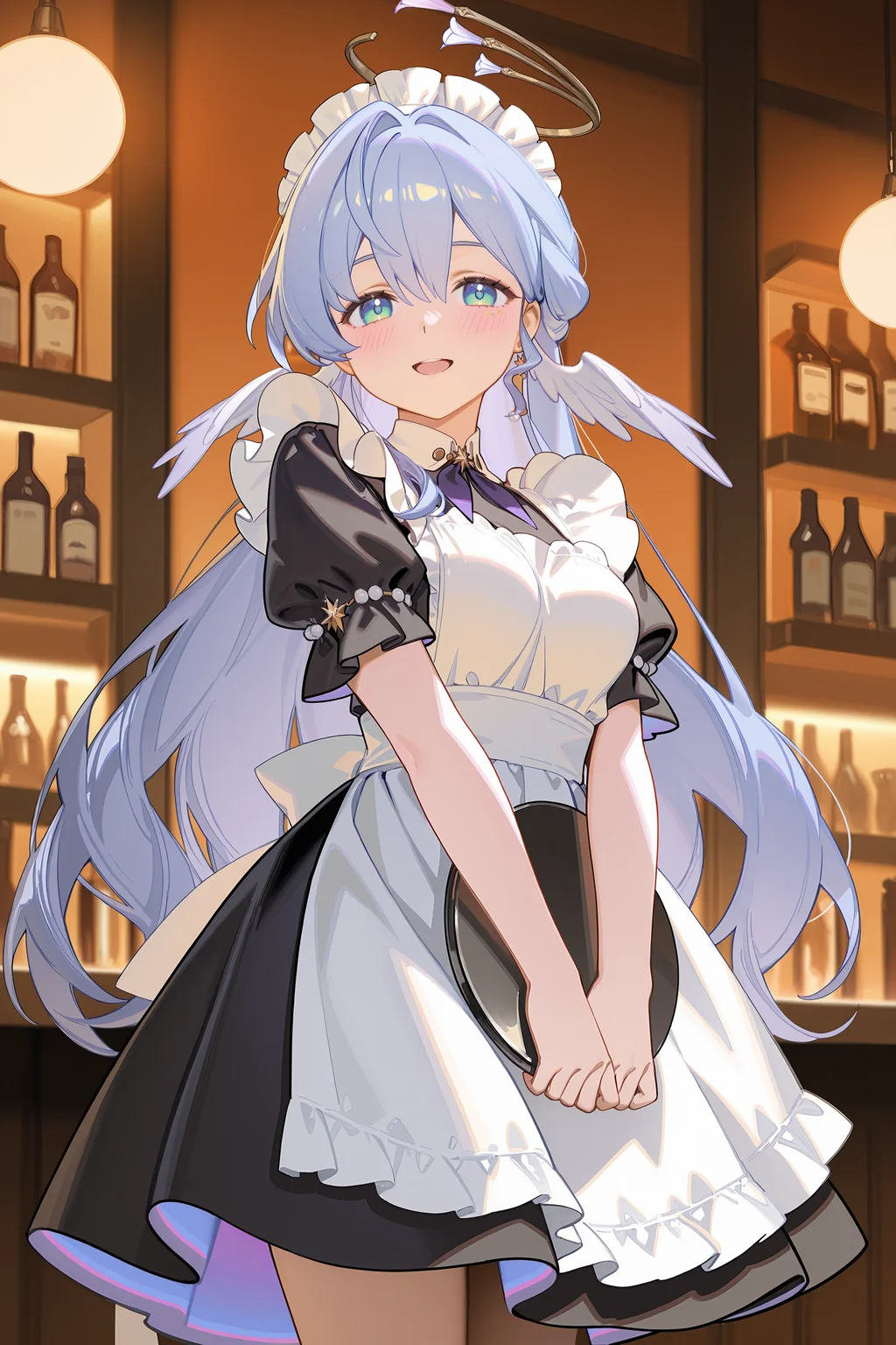 <lora:Char-HonkaiSR-Robin-V2-IL:0.9:hr=0.7>, kanzaki hiro, ciloranko, alphonse \(white datura\), (ask \(askzy\), gomzi, you shimizu: 0.7)
masterpiece, best quality, amazing quality, very aesthetic, absurdres, newest, (scenery, volumetric lighting), ray tracing, (bloom:1.4), cinematic 1girl, solo, robin \(honkai: star rail\), halo, head wings, solo, maid, maid headdress, maid apron, embarrassed, open mouth, blush, smile, open mouth, holding plate, looking at viewer, cowboy shot, bar \(place\), indoors, depth of field