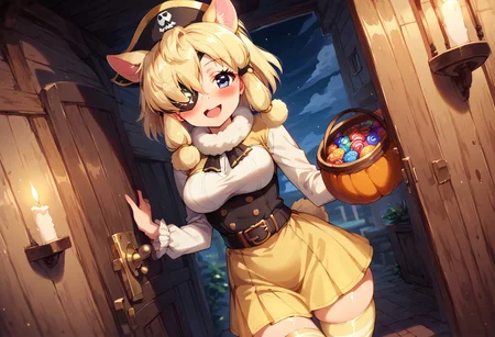 1girl, ((solo)), best quality, ultra-detailed, extremely detailed, perfect anatomy, masterpiece, score_9, score_8_up, score_7_up, Expressiveh, alpaca suri (kemono friends), alpaca ears, hair over one eye, bangs, blonde hair, grey eyes, sidelocks, hair tubes, hair bun, tail, short hair, horizontal pupils, outdoors, neighborhood, trick-or-treating, pumpkins, candles, halloween, trick-or-treater, holding halloween basket, candy basket, front_door, open door, standing at the front door, viewer pov, pirate, light-yellow pirate hat, (pirate hat:1.1), light-yellow pirate outfit, light-yellow blouse, light-yellow skirt with trim, light-yellow thighhighs, thighhighs, striped thighhighs, striped gloves, thigh squish, fully clothed, pirate gloves, pirate boots, belt, accessories, white trimmed sleeves, white trim, curvy, medium breasts, blushing, looking at viewer, soft blush, open mouth smile, cute look, closeup, fur trim thighhighs, (dutch angle:1.1), depth-of-field, ears sticking out of hat, thobrine, shiny skin, yellow eyepatch, (eyepatch:1.1), pirate_eyepatch,